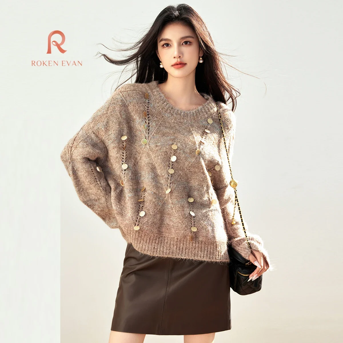 

ROKEN EVAN 2024 Autumn Women Beading Korean Fashion Design Long Sleeve Top Feminino Muslim Cardigans Oversized Sweater Outfit