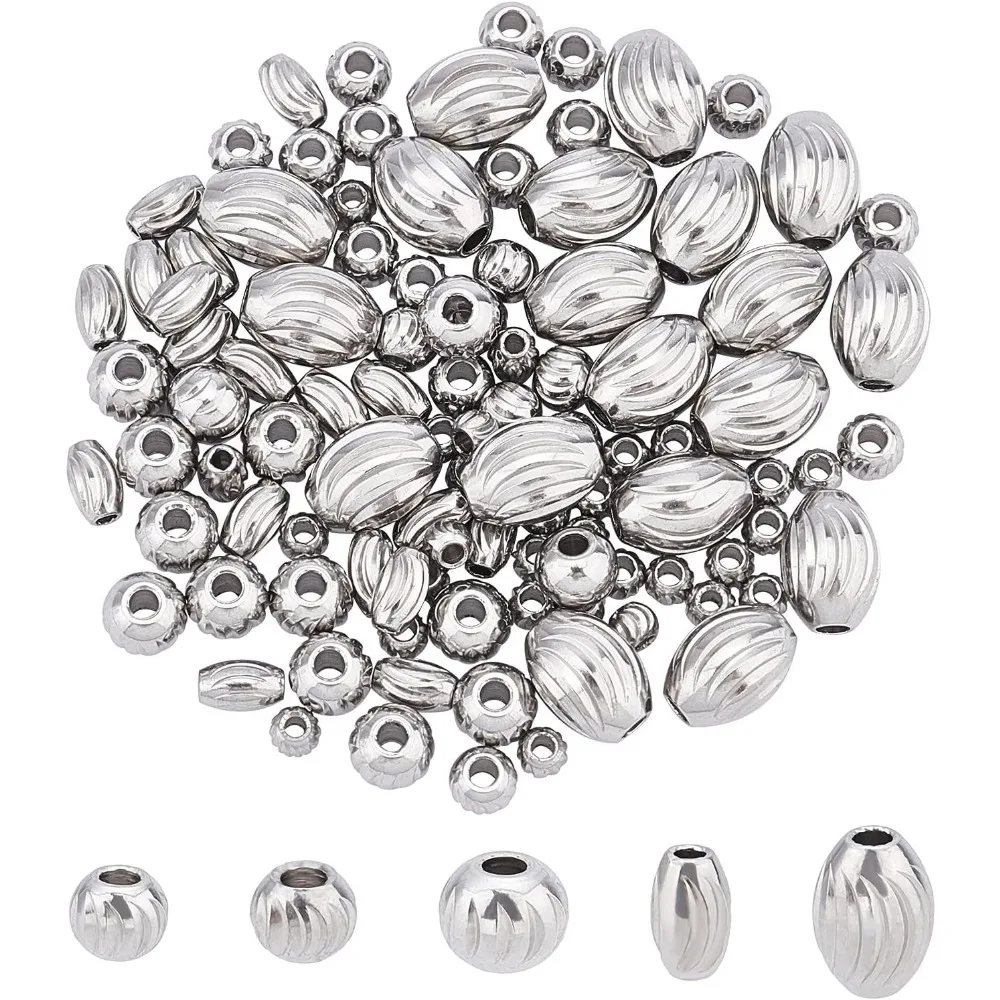 About 100pcs 5 Sizes 3-8mm Oval & Round Spacer Beads Stainless Steel Loose Beads Corrugated Bead Findings for DIY Jewelry Making