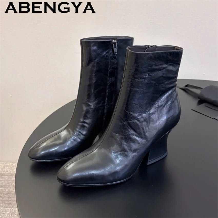 Genuine Leather Wedge High Heels Ankle Boots Woman's 2026 Winter Fashion Week Slim Natural Horsehair Fur Short Boots feminine