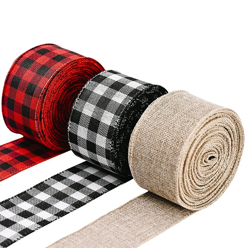 6 Meters Gingham Pattern Ribbon, Christmas Plaid Wired Ribbon for Craft Bouquet Wreath Baking Packing