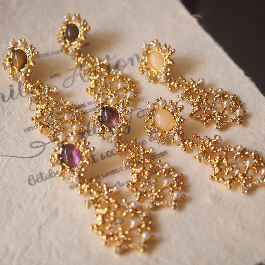 

Vintage Pearl & Gemstone Studs - Hammered Metal, Euro-American Style, Retro Statement Earrings