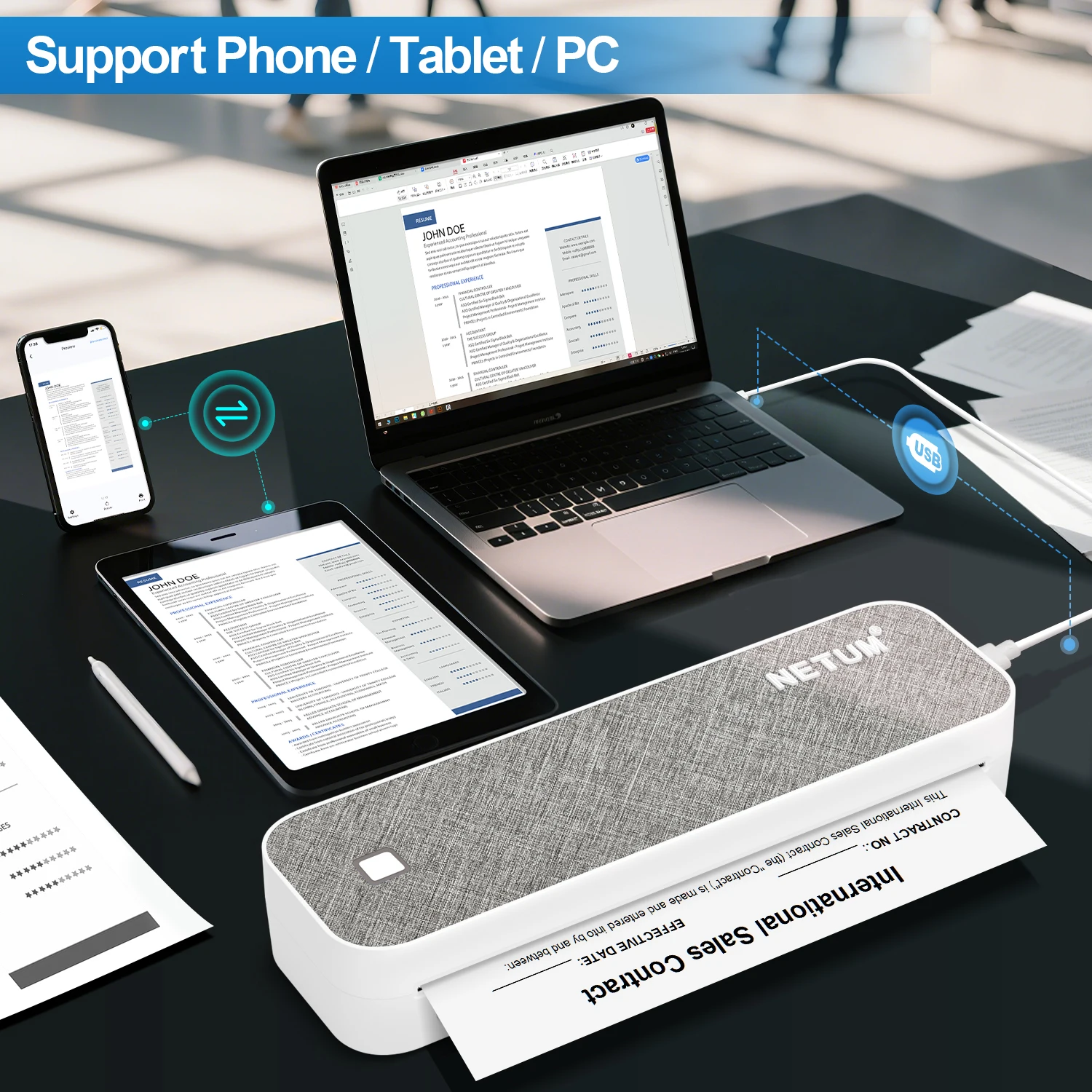 NETUM Portable Inkless Thermal Document Printer A4 Size Thermal Paper USB Interface Rechargeable Battery Multi-OS Stock