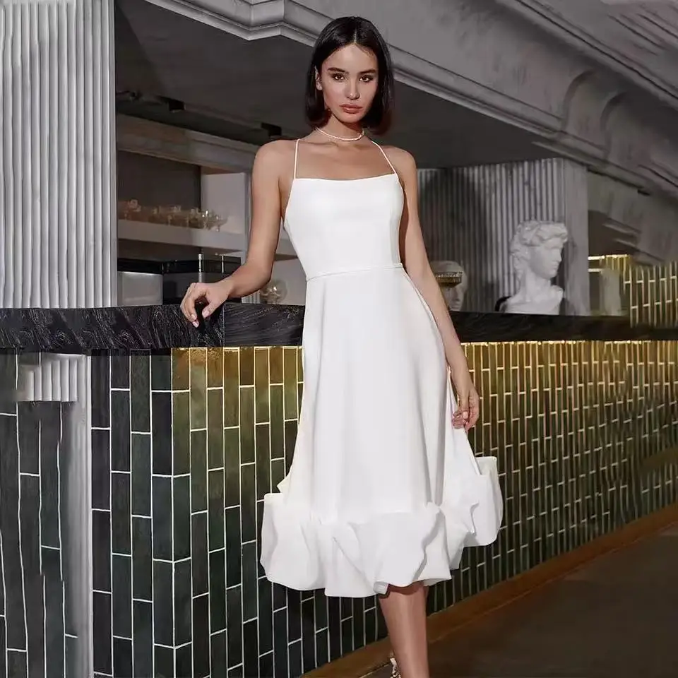 

Customized Wedding Dress for Women 2025 Bride Midi A Line Spaghetti Straps Short Wedding Gown Tea Length Backless Wedding Dress