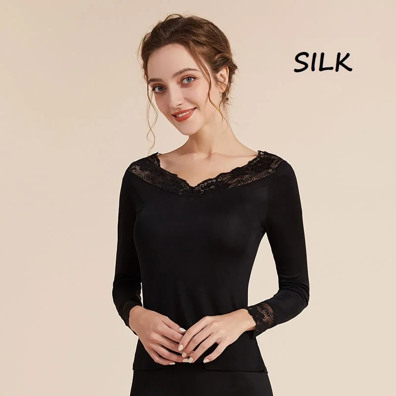 sexy silk women v neck thermal underwear set base layer woman inner wear sets warm winter clothes long johns womens shirt top 2