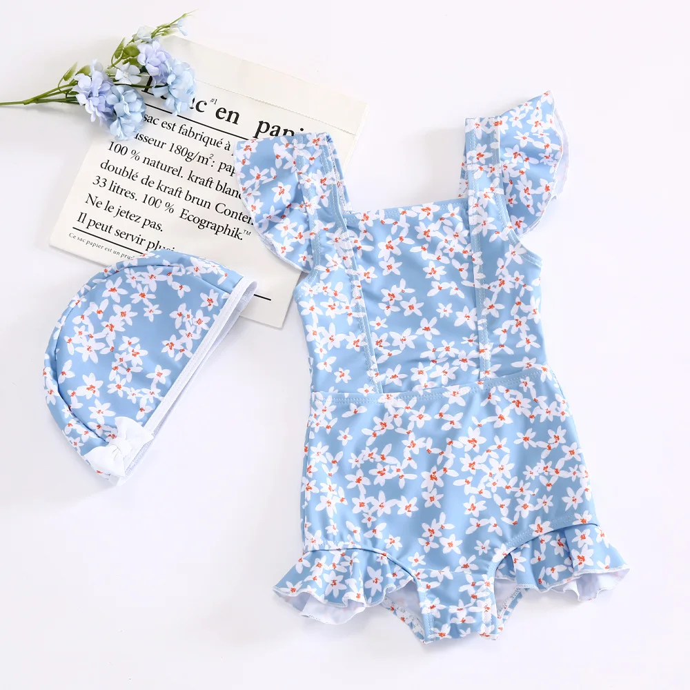 Flower Print Children\'s One-piece Swimsuit for Girls 2-8 Years Blue Korean Style Swimwear Girl Bathing Suit Girl Quick Drying