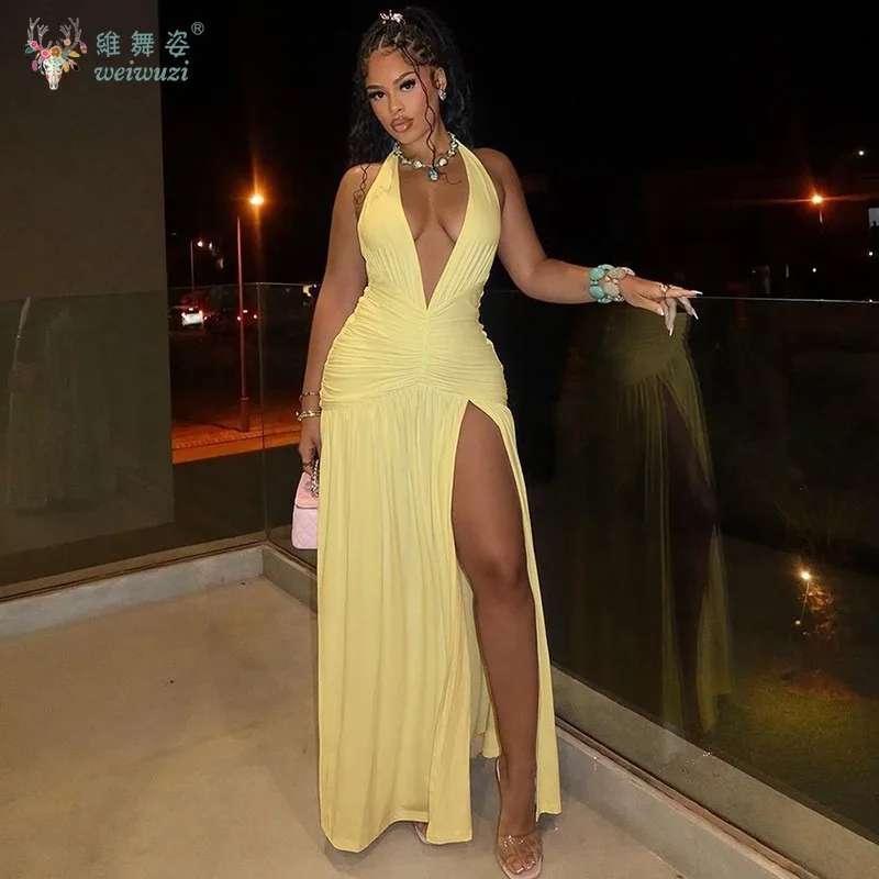 セクシーなネックハンギングディープVネックノースリーブロングイブニングドレス、バックレスハイスリットビーチパーティーカクテルパーティーイブニングドレス