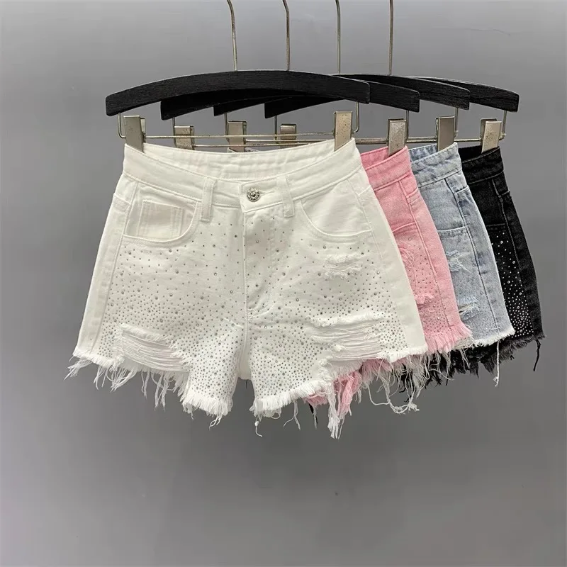 

Perforated denim shorts for women's 2024 new summer high waisted slimming color hot diamond spicy girl wide leg hot pants