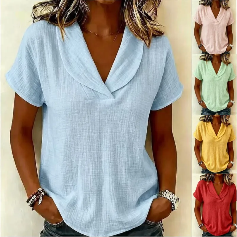 2026 Women's Summer Blouses New Short Sleeve Linen Doll Neck Crepe Casual Shirt Fashion V-neck T-shirt Women Vintage Clothing