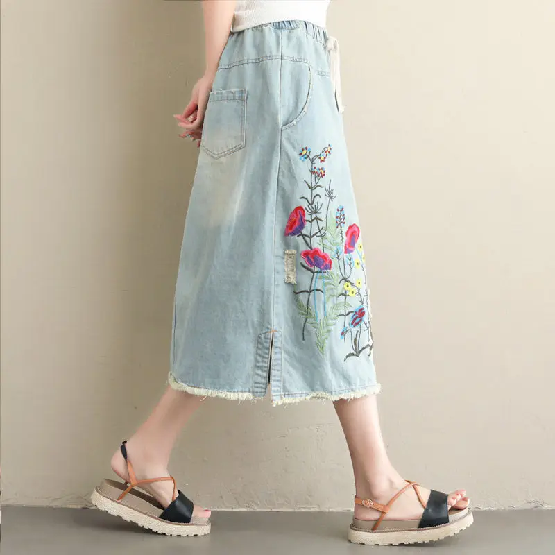 2020 New Large Size Women Fashion Loose Skirts Casual Elastic Waist Jeans Vintage Embroidered Denim Skirt PP003