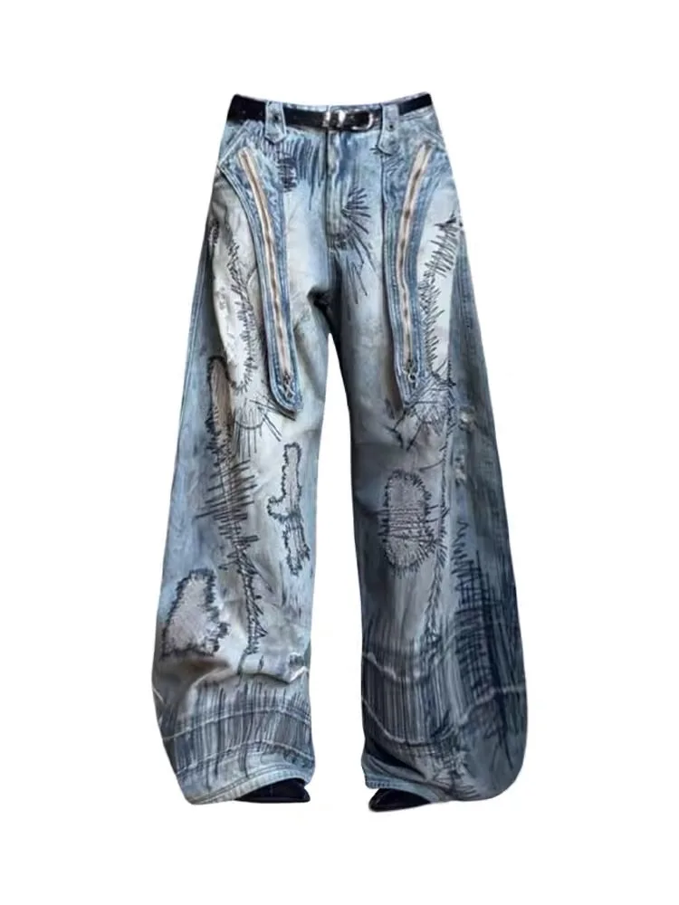 Heavyweight Knife  Embroidered Washed Wide Leg Denim Jeans High Waist Straight Cut Hip Hop Street Style Floor Length Pants