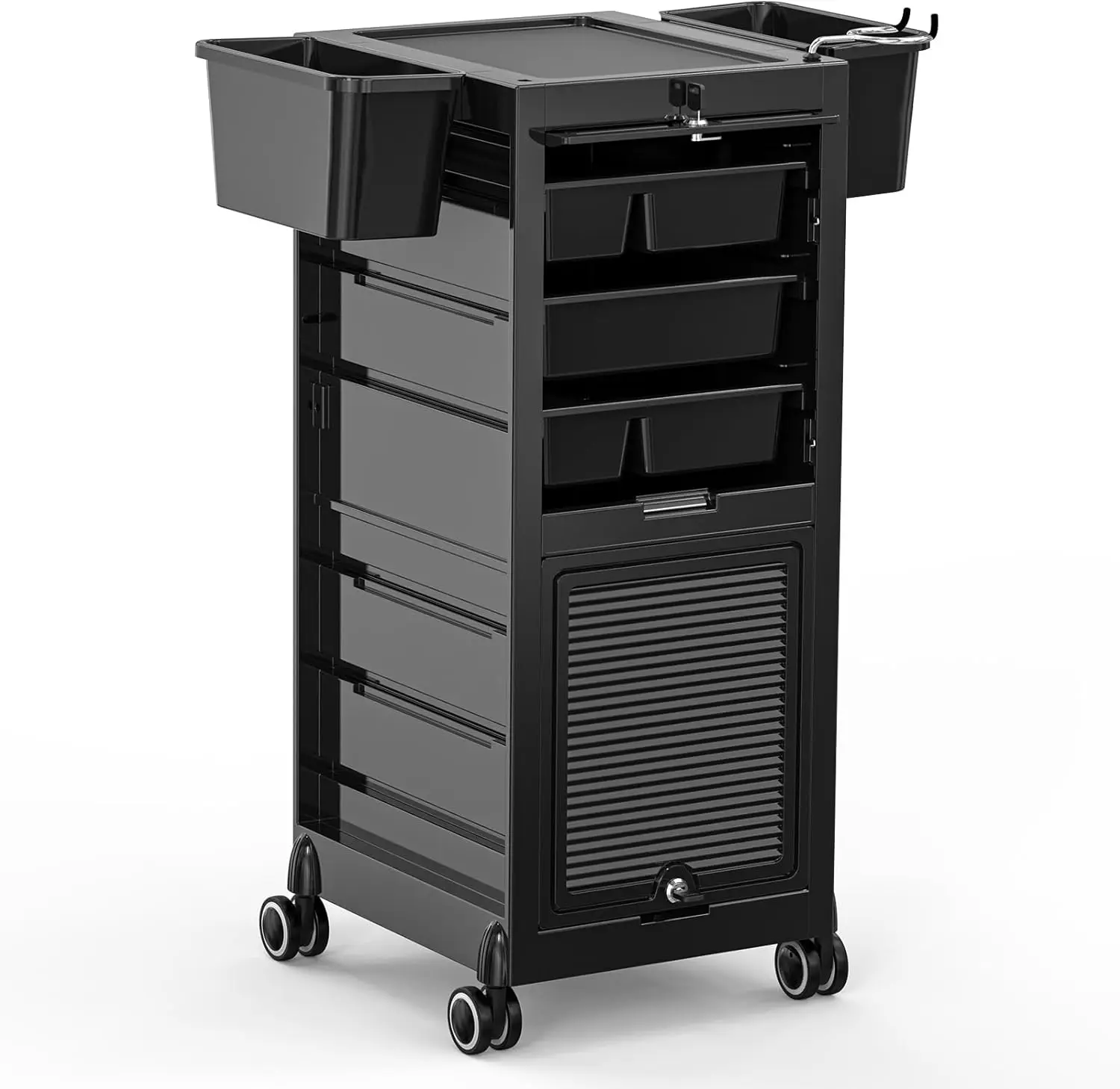 Omysalon Salon Trolley Cart, Hair Stylist Station With 2 Lockable Doors, Rolling Hair Cart Organizer With Drawers & Bucket &