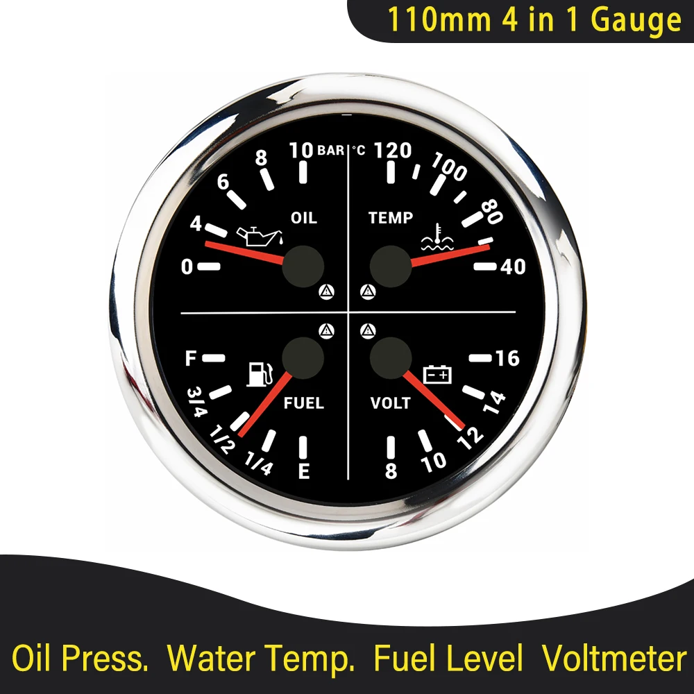

Водонепроницаемый датчик 110 мм 4 в 1, 0-10 бар, 0-150PSI, давление масла, температура воды, вольтметр уровня топлива со световой сигнализацией для автомобиля, лодки