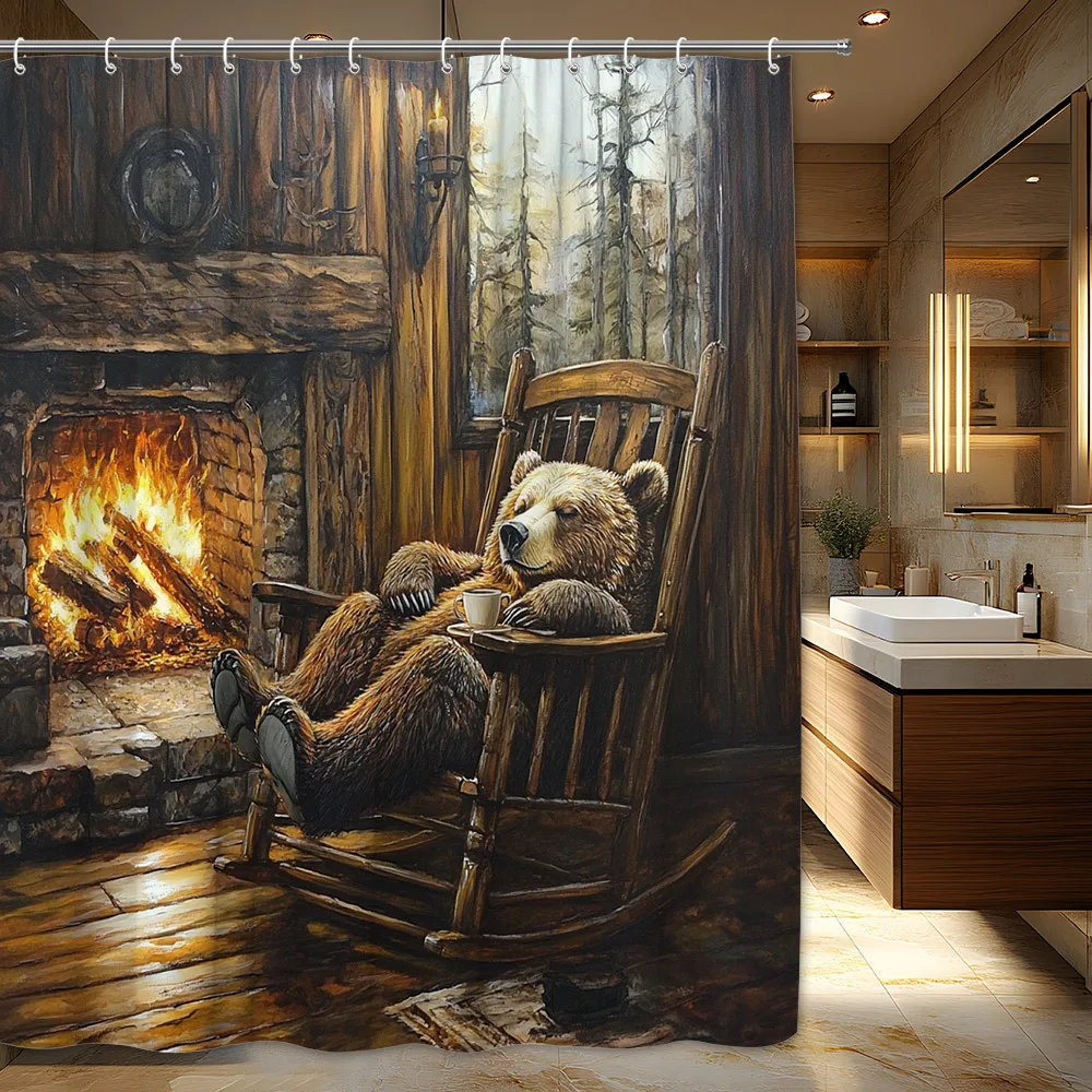 1pc Cozy Rustic Bear in Rocking Chair by Fireplace Shower Curtain - Fluffy Brown Bear, Warm Fire Glow & Woodland View Design, Du