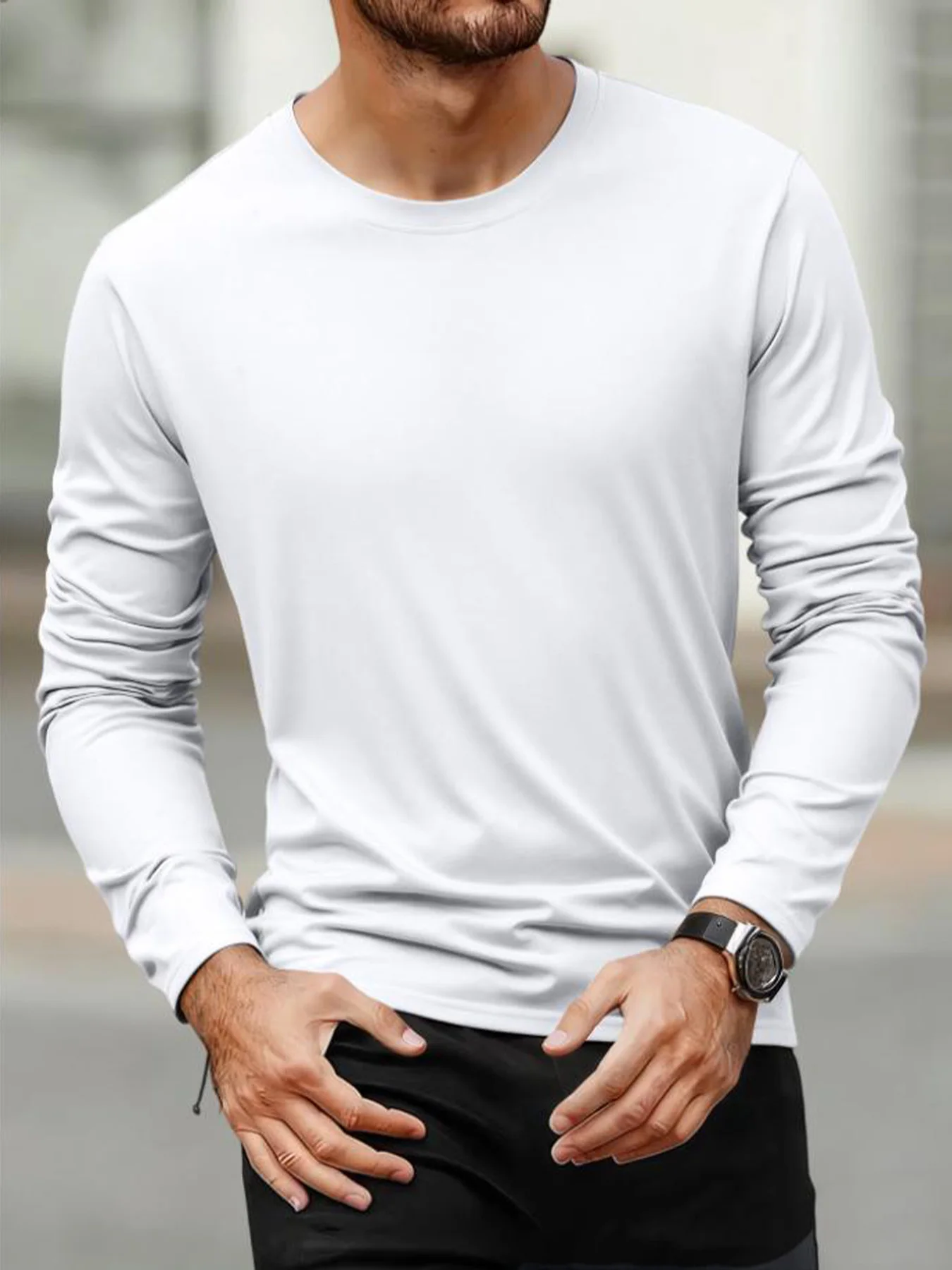 Langarm-T-Shirts für Herren, lässig, Rundhalsausschnitt, feuchtigkeitsableitend, T-Shirts für Herren, Tops, sportlich, bequem, vielseitig, Herren-T-Shirts – Detail 15