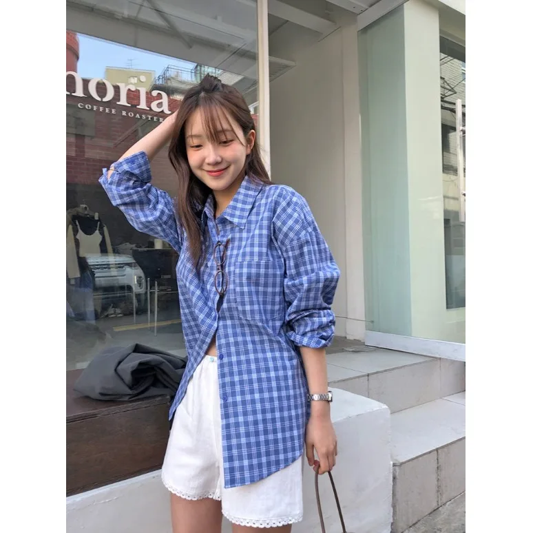 Blue Plaid Single-Button Long Sleeve Women's Shirt Autumn Tailored Style Casual Fashion Female Clothing Chinese Production