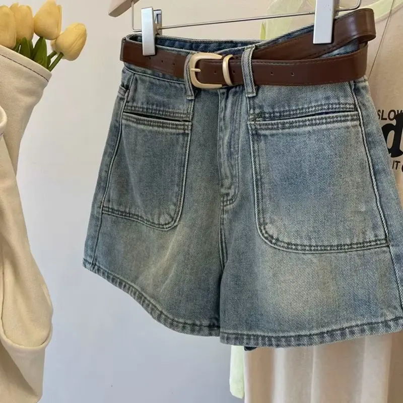 

Summer Double Pocket Denim Shorts For Women New High Waisted Slim Wide Leg A-line Jean Shorts