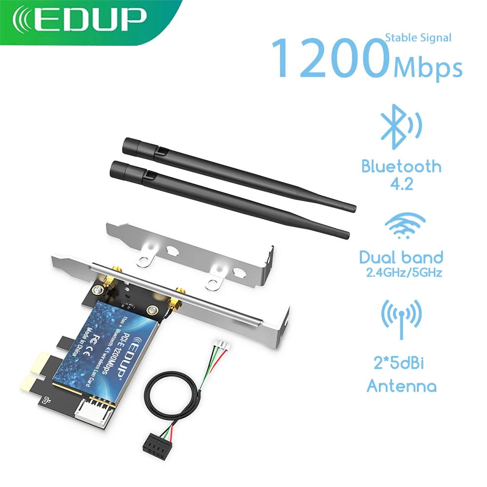 EDUP WiFi Adapter 1200Mbps PCI Express Wireless Network Card 2.4G/5GHz PCIE LAN Adapter Wireless Bluetooth For PC And Desktop