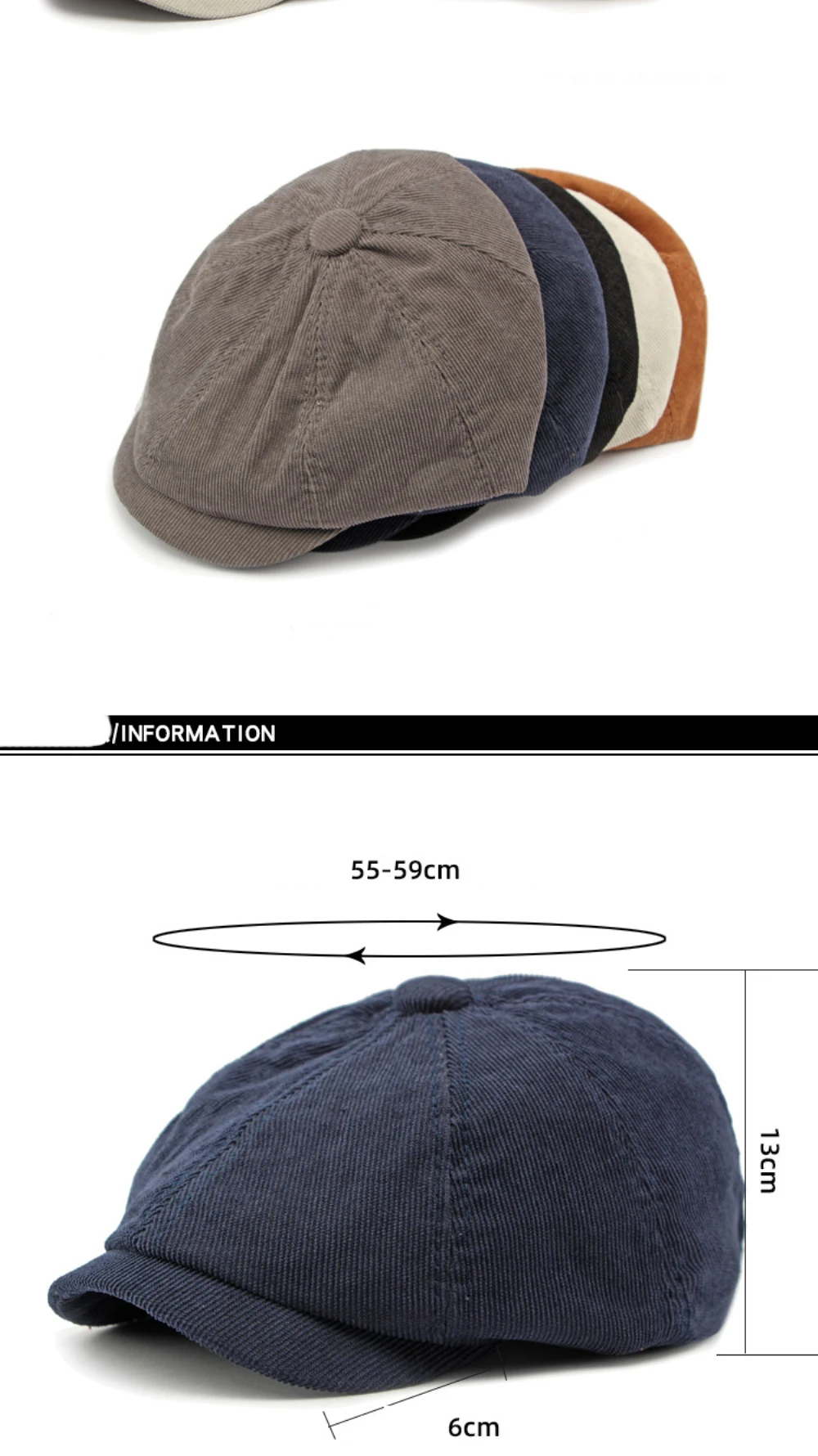 HT4403 Baskenmütze für Männer und Frauen, Künstler- und Maler-Baskenmütze, Einfarbige Cord-Flatcap für Frühling, Herbst und Winter, Achteckige Mütze, Herren-Baskenmützen – Detail 3