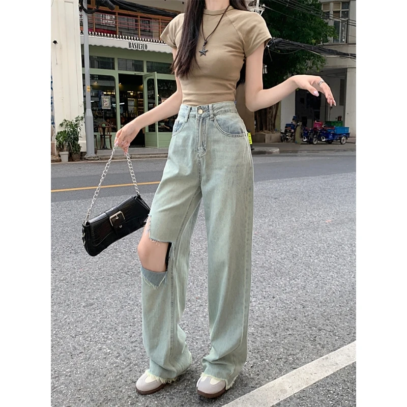 

Blue Jeans Women Vintage Fashion High Waisted American Streetwear Denim Pants Female Autumn Y2K Straight Pink Wide Leg Trouser