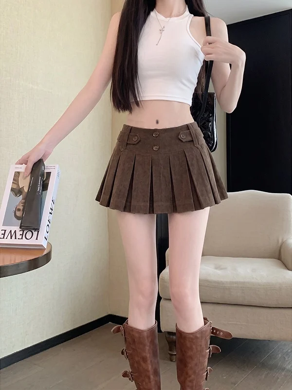 

Retro Brown Low Waist Pleated Skirt Women's Small Size High Lengthening Slimming Shanenille Half-length Skirt