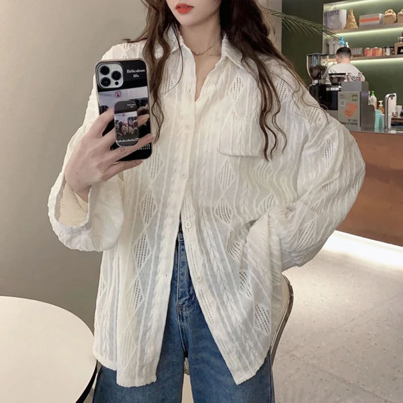 GIDYQ Fashion Crochet White Shirt Women Korean Style Casual Streetwear Loose Tops Y2K Elegant Design Female Shirt Spring New