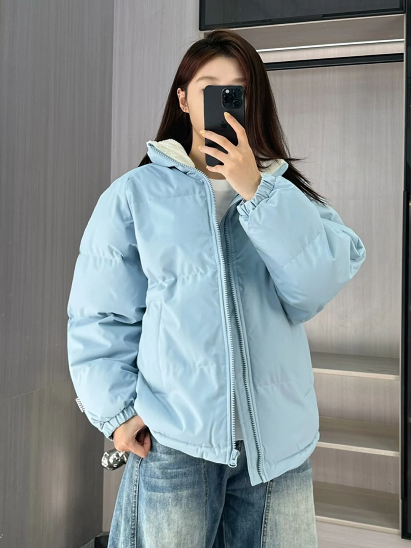 

Warm Thiened ort Lamb Fur Cotton Jaet for Men And Women with Stand Collar American Sle Bread Clothes Youth Faion