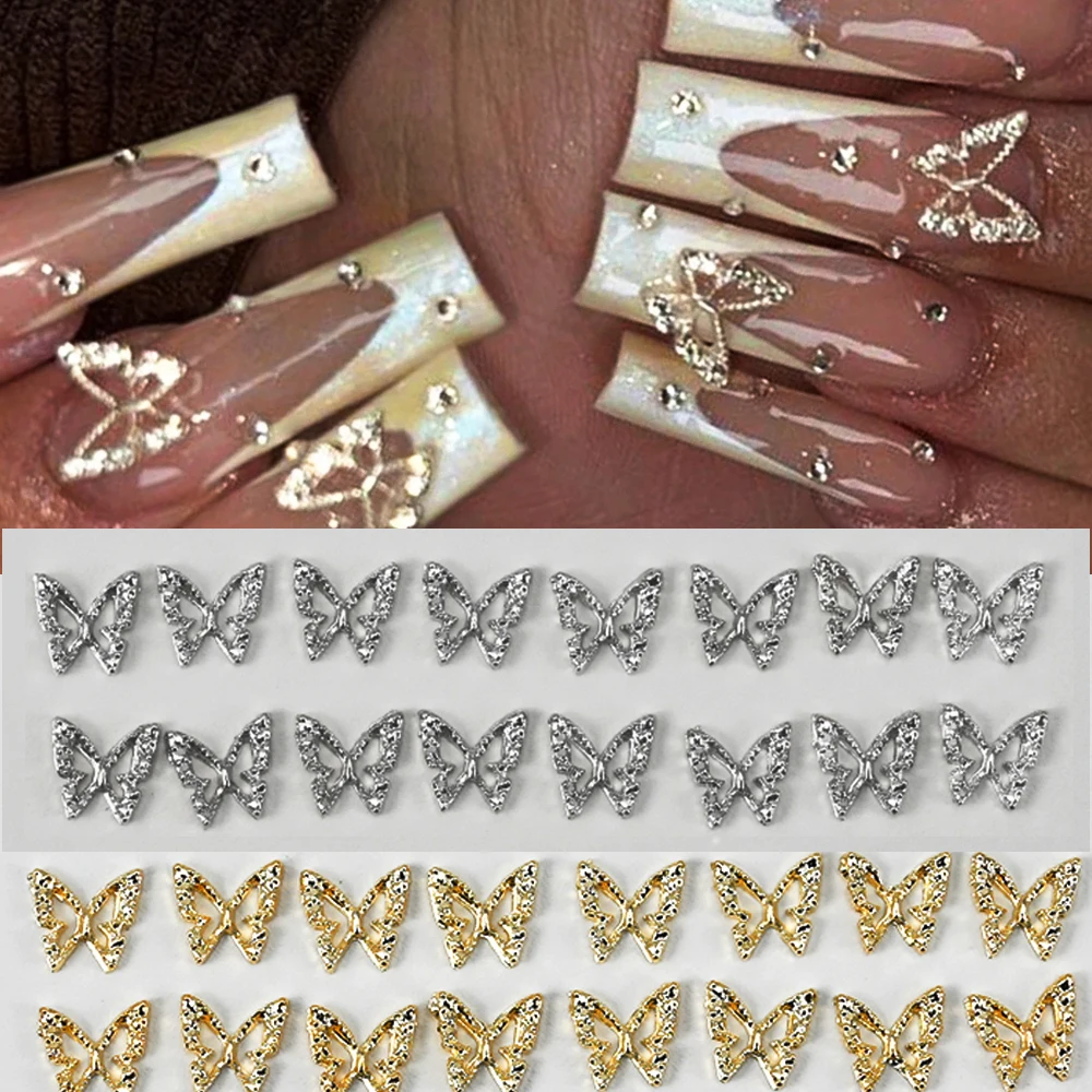 20Pcs/bag Hollow Butterfly Rhinestone 3D Nail Charms 7-8mm Gold/Silver Metal Butterfly Nail Art Luxury Butterfly DIY Nail Parts