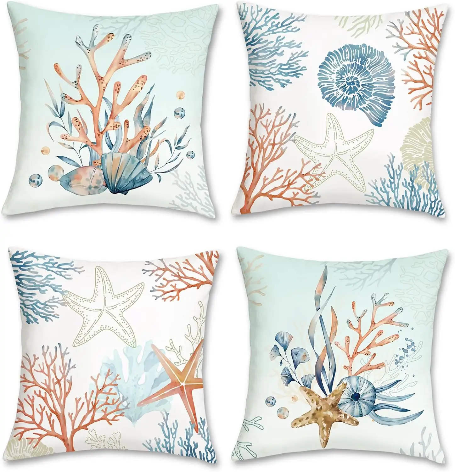 

4Pcs Nautical Throw Pillow Covers, Ocean Life Print with Coral and Starfish Design Cushion Cases for Sofa Living Room Bedroom