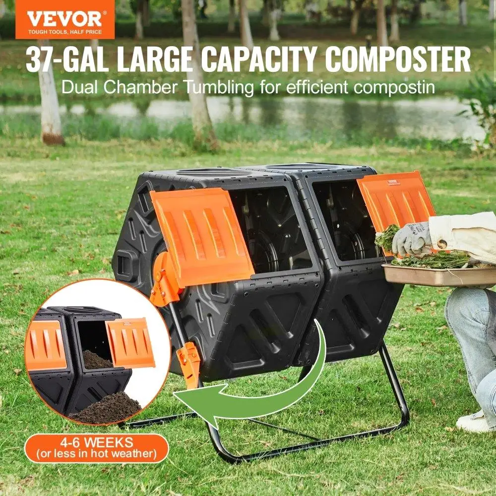 Contenedor de compost, vaso de compost de doble cámara de 37 gal, dos cámaras giratorias de alto volumen con 2 puertas correderas y estructura de acero, BPA