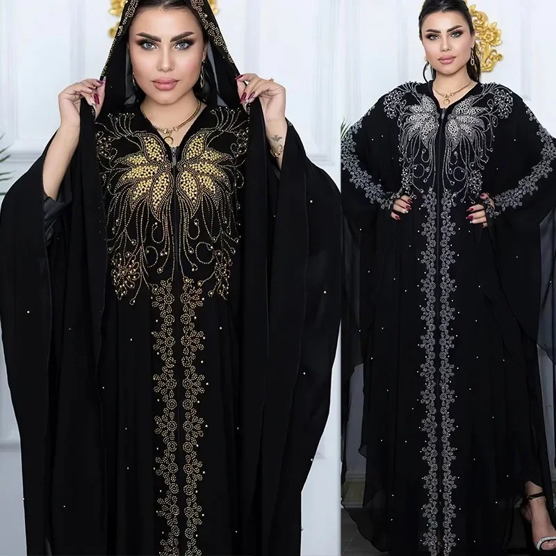 Women Eid Muslim Abayas Long Sleeve Cardigan Zipper Traditional Abaya Dubai Diamonds Long Robe Casual Loose Pearls Beading