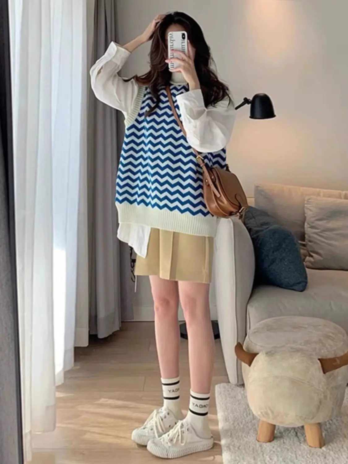 2024 Korean version new autumn and winter outfit small knitted vest+fashionable shirt milk jeans three piece set