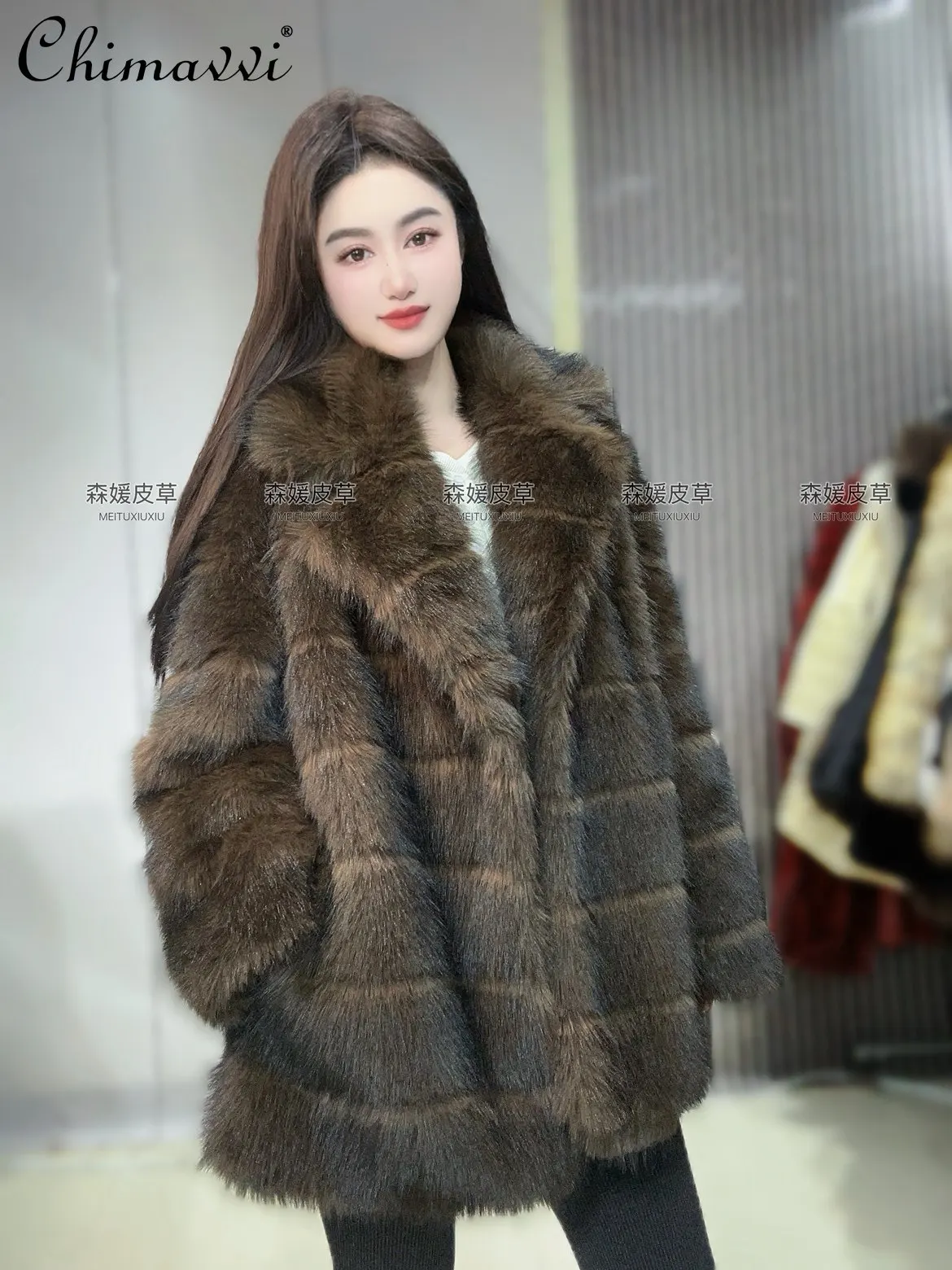 2025 겨울 의류 신상 패션 긴 소매 퍼 코트 슈트 칼라 루즈 두꺼운 따뜻한 긴 소매 우아한 여성 재킷