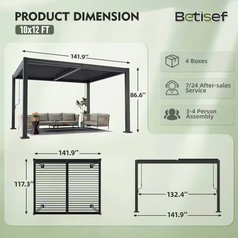 10x12 FT Outdoor Louvered Pergola, Hardtop Gazebo with 2 Independent Adjustable Roofs and Drainage System,Pavilion for Garden