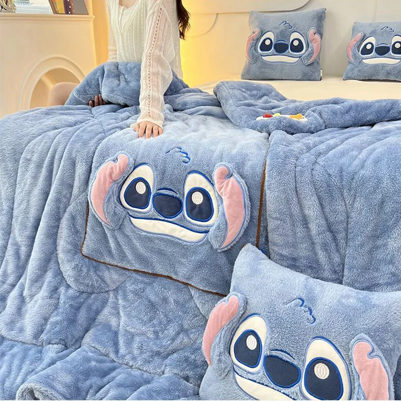 

Kawaii Disney Stitch Throw Pillow Blankets Two In One Flannel Thickened Nap Blanket Living Room Kids Bedroom Decoration Gift
