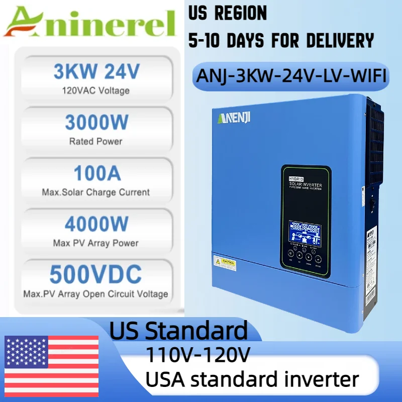 ANENJI US standard 110-120V 3KW 24V hybrid Solar Inverter builtin MPPT 100A Charger Controller Pure Sine Wave Home Inverter WiFi