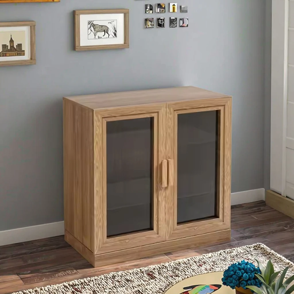 Du's modern solid wood cabinet with two glass doors, dustproof and waterproof, with three internal shelves.