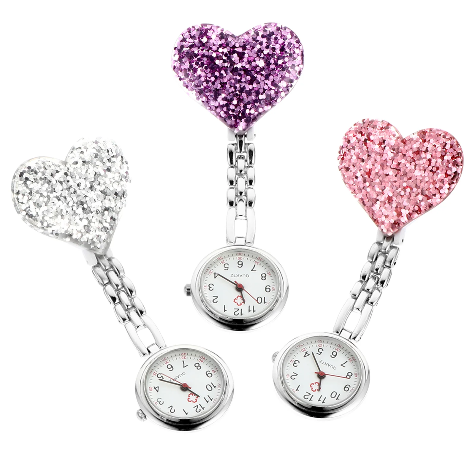 3pcs Love Heart Nurse Hanging Watch Clip-On Nursing Pocket Watch For Women Students Healthcare Workers Alloy Quartz