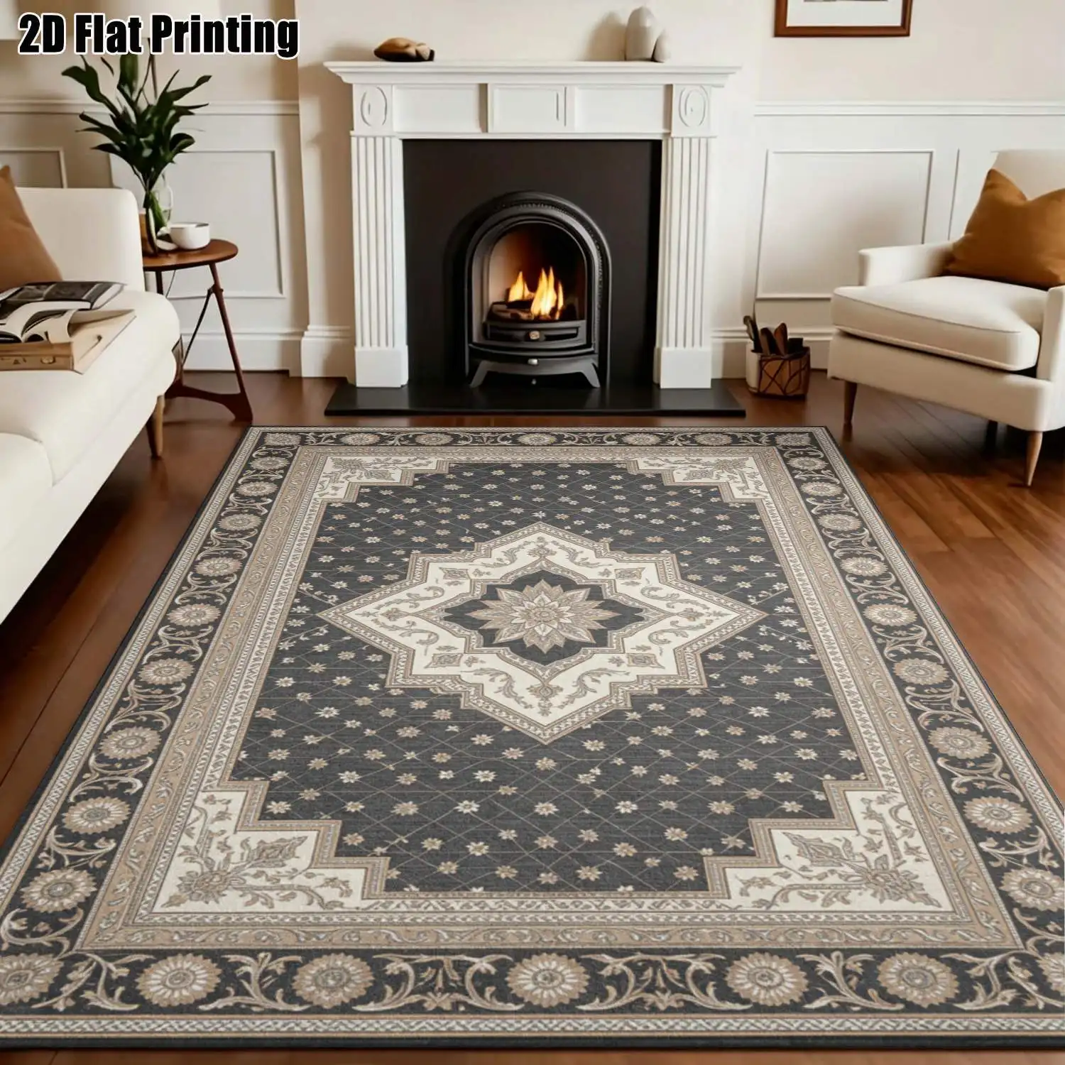 1Pc 2D Printed Carpet: Gray-Blue Base Brown Retro Floral, European Style, Machine Washable, Multi-Size, Multi-Scene Use