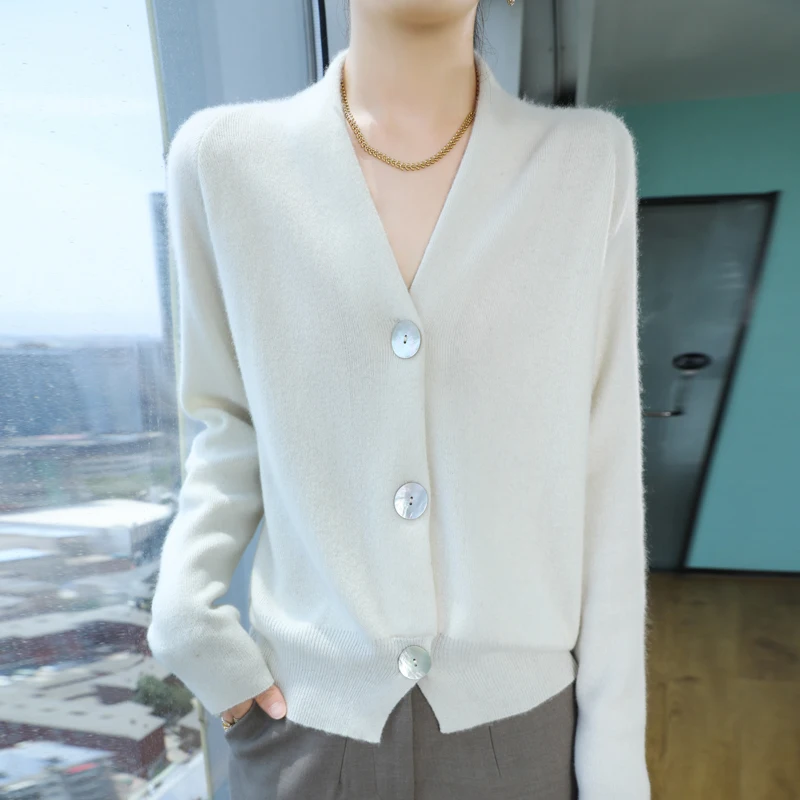 Cashmere cardigan autumn/winter new casual solid color knitted sweater V-neck women's coat fashionable loose wool Blouse