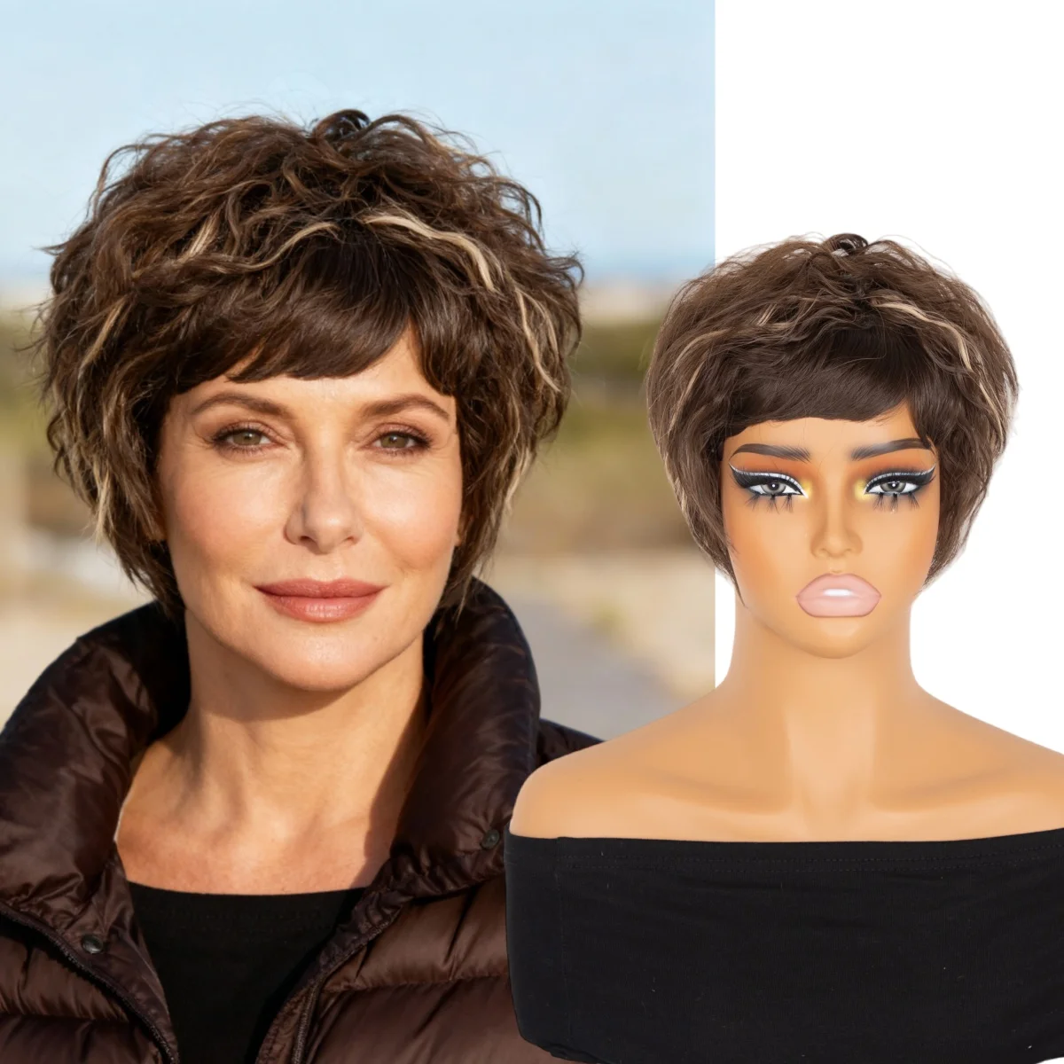 قطعة شعر صناعية بمشبك مموج فضفاض للنساء - قطعة شعر صناعية بنمط بيرم الذرة مع غرة، مموجة مائية بنية أنيقة D