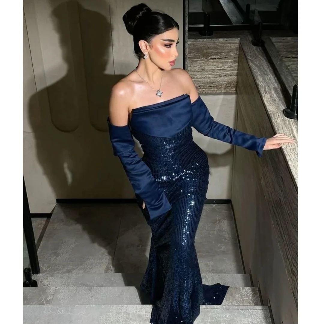 

Sequined Navy Blue Evening Dresses Woman Elegant vestidos de noche Shiny Prom Dress 2025 Long Sleeves Party Gown Customized