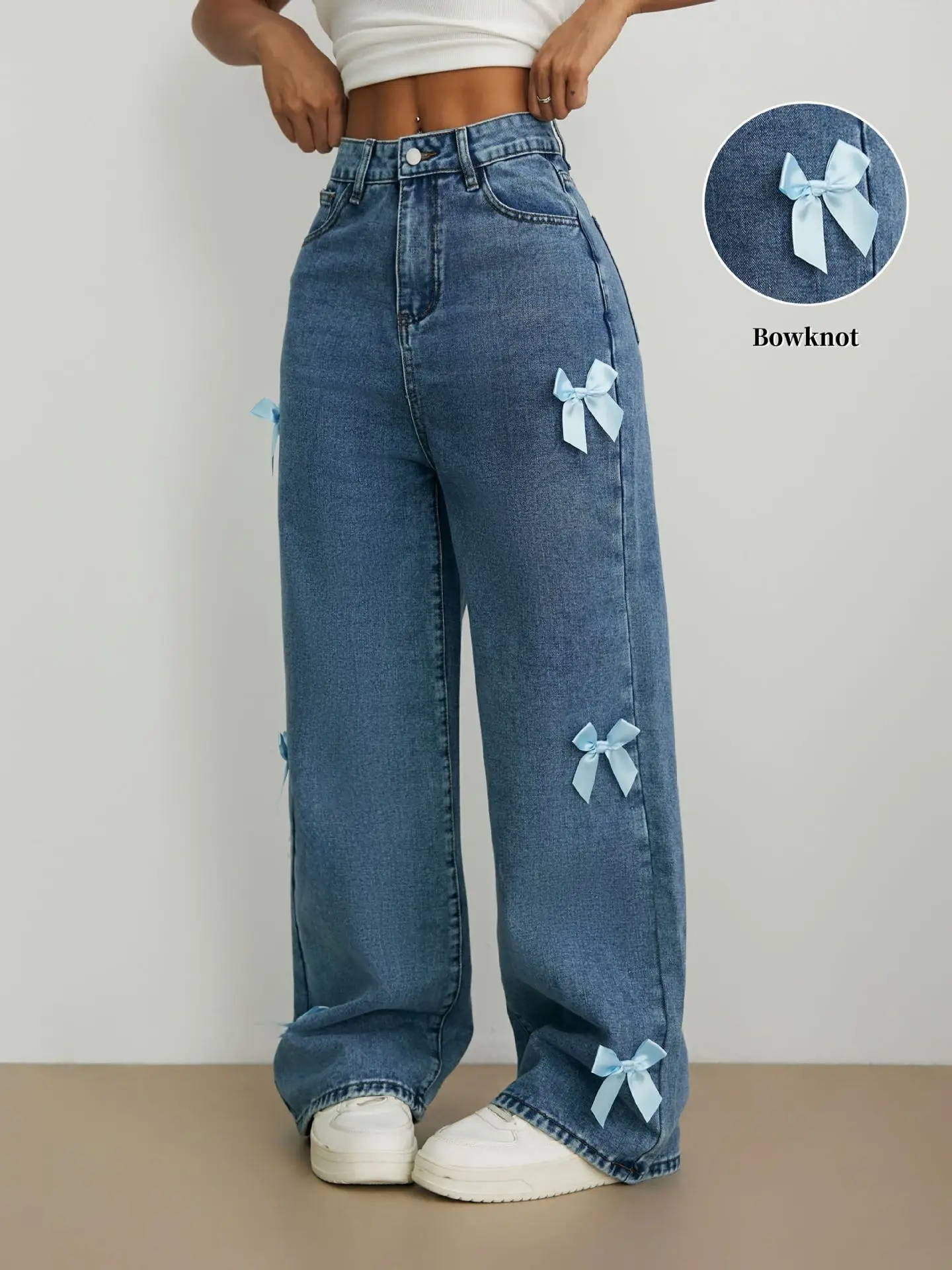 

Y2K Streetwear Light Washed Denim Jeans for Women, Pink Bow Embellished Loose Fit Straight Leg Wide Trousers, 2000s Retro Style