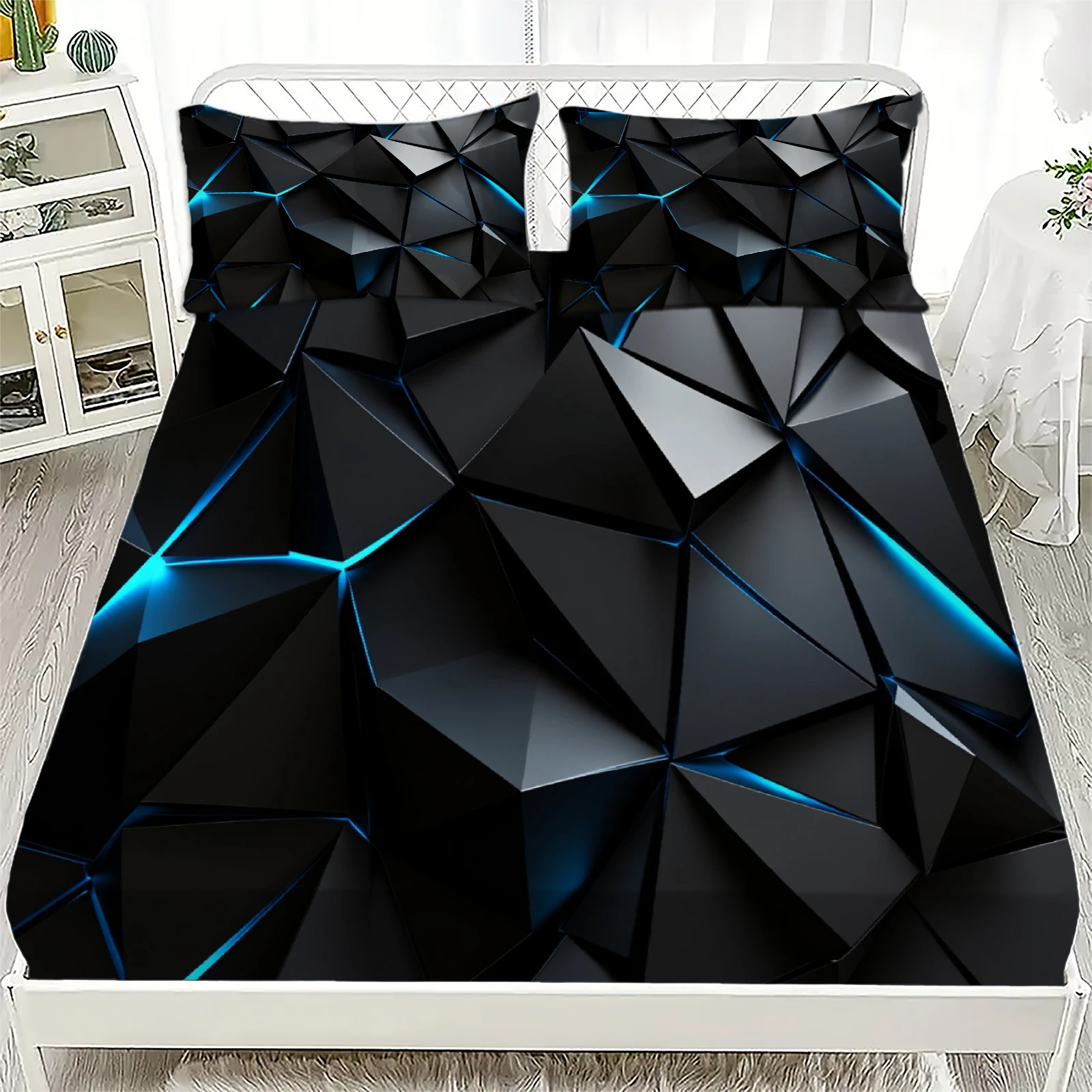 

3pcs Geometric Pattern Flat Sheet 3D Printed Black And Blue Fitted Sheet Set With Pillowcases No Filling Cool For Boys Teen