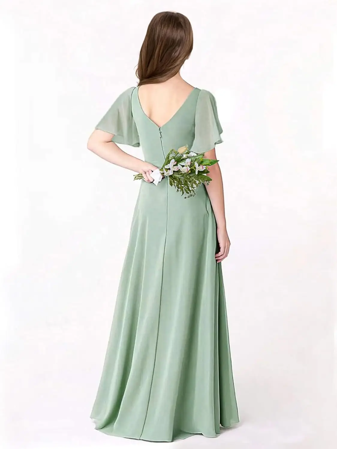 슬릿 브이넥이 있는 A라인 주니어 신부 들러리 드레스 보헤미안 러플 쉬폰 플라워 걸 드레스 십대 소녀를 위한 정장 드레스