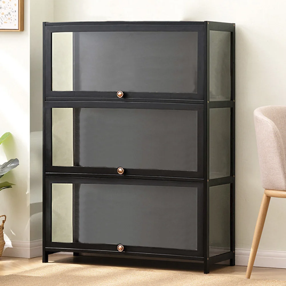 3 Tier Black Bamboo Display Cabinet 80cm Wide Flip Acrylic Door Dustproof Figurine Collectibles Showcase Cabinet Multi Compartment Toy Figure Storage Organizer Shelf for Blind Box Model Home Decor