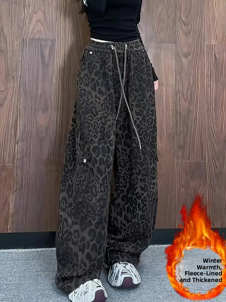 

High Waist Wide Leg Thickened Fleece American Retro Leopard Print Casual Pants Women's Autumn Winter New Style Streetwear Loo...