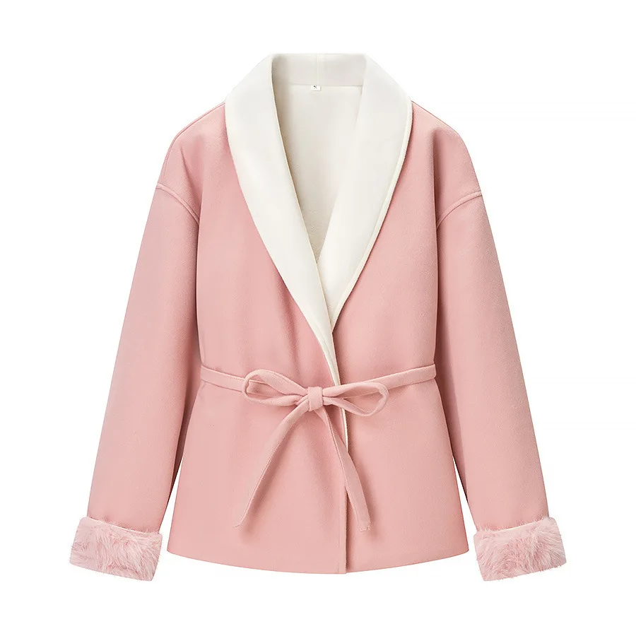 Nueva ropa de mujer europea y americana de otoño e invierno, temperamento femenino, puños peludos, chaqueta de abrigo de lana, 2025