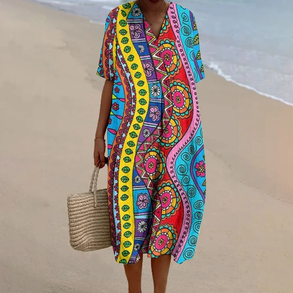 

Ethnic style linen dress Women's Print Flowy Straight Beach Dress Luxury brand maxi Long dress Summer Fashion Loose Clothes