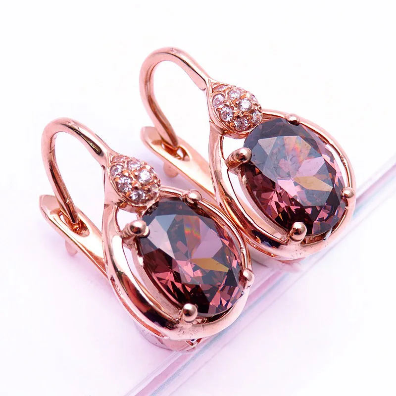 New design silver inlaid ruby oval open ring earrings elegant luxury 14K rose gold 585 purple gold series women jewelry set