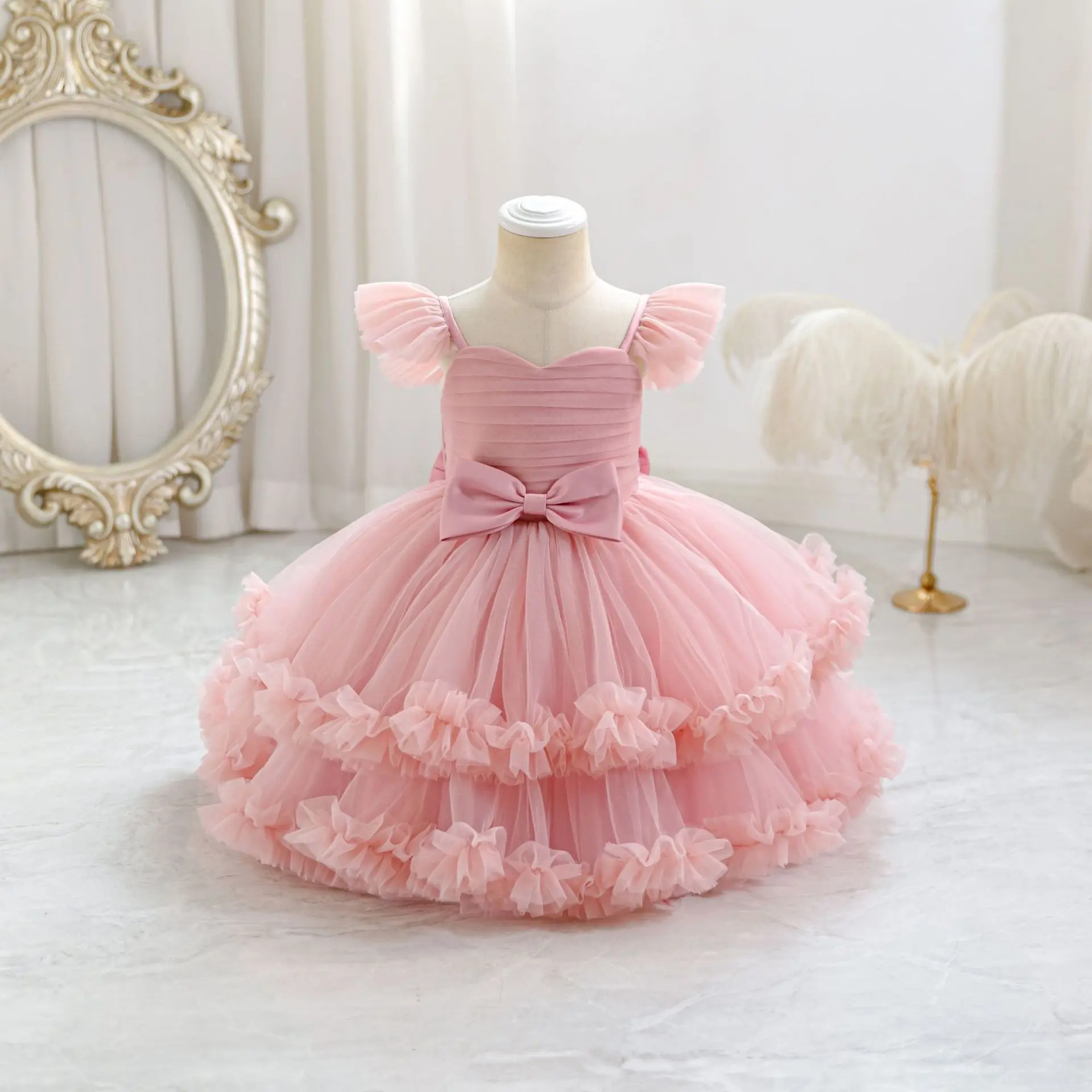 Baby Girls' Wine Red Beautiful Princess Dress, Children's Fluffy Birthday Banquet, Flower Girl Wedding Dress